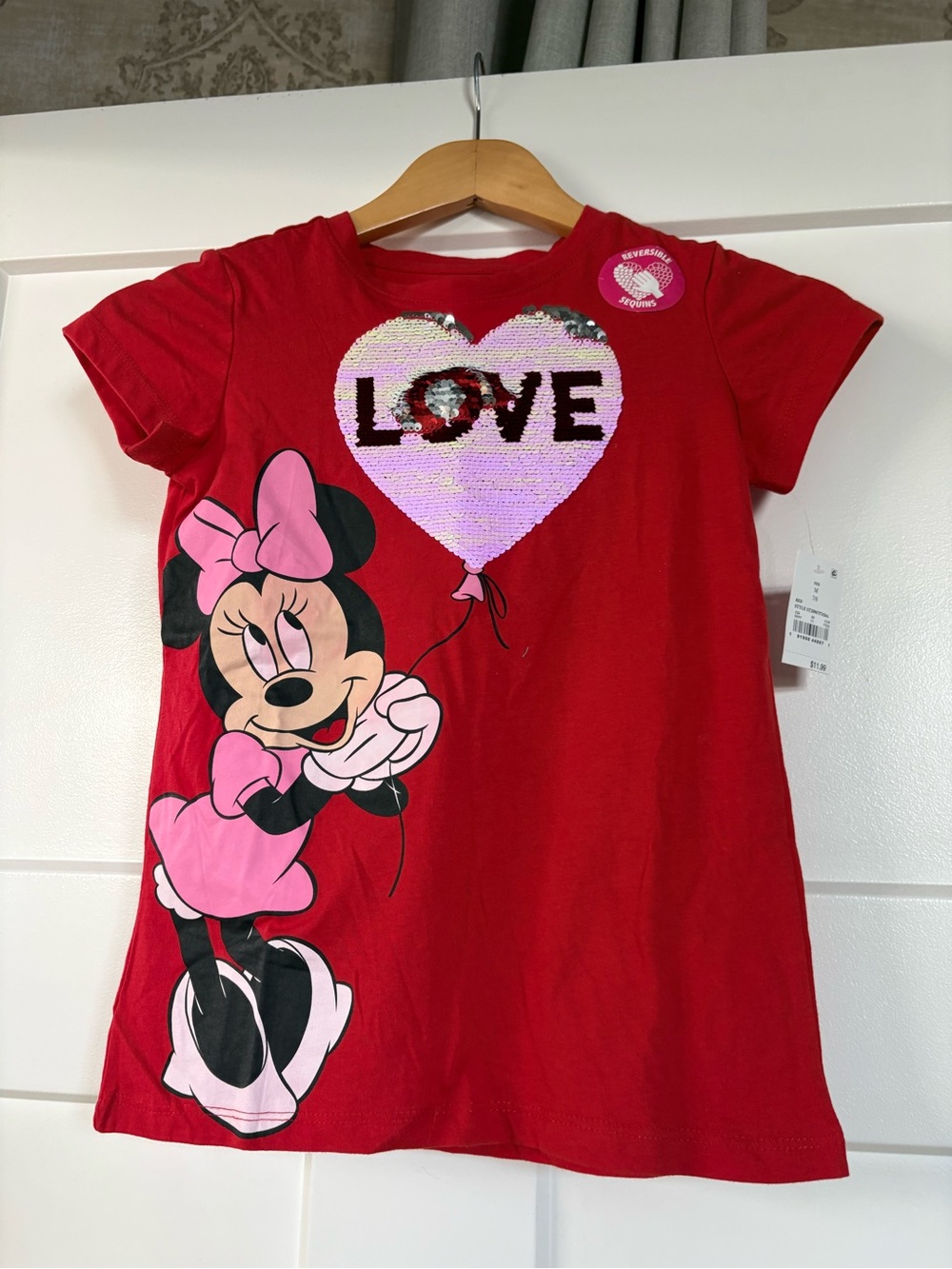 Girls Disney Red Minnie Mouse‎ Heart Sequin Balloon Tee Size 7/8 Medium- NWT